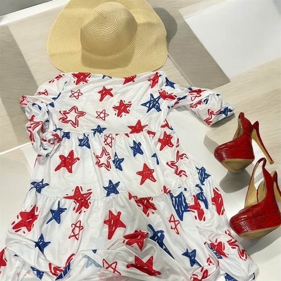 Red and Blue Stars Women's Scoop Neck Casual Flowy Dress S - Picture 3 of 5